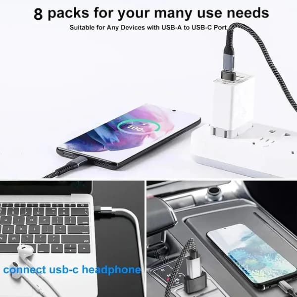 8-pak USB C hun-adapter sæt USB A til USB C Micro USB til Type C-konverter til biloplader bærbar telefon black