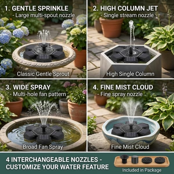 Fuglebadfontener solenergi solfontene for fuglebad med 4 utskiftbare dyser for utendørs fontenevann Abs plast blomsterdesign