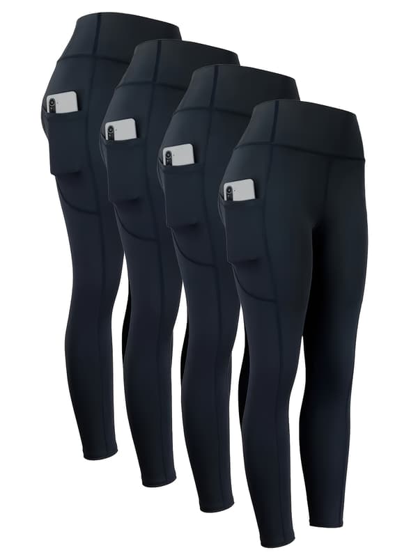4-pack leggings med M-formad söm, rumplyftande kompressionstights med sidoficka för telefon, smal passform M Svart