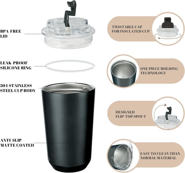 Kaffekoppar för Resan - Termosmugg - Vakuumtermosmugg - Dubbelväggig Kaffekopp - Läcksäker - 414 ml - Off-White/Svart - 2-Pack