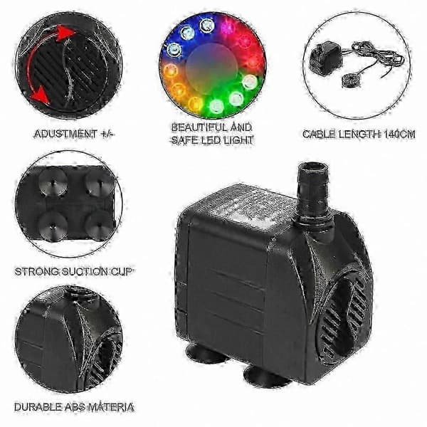 Dränkbar fontänpump med 12 LED-lampor, ultratyst drift och strömkabel ingår 15W EU Plug