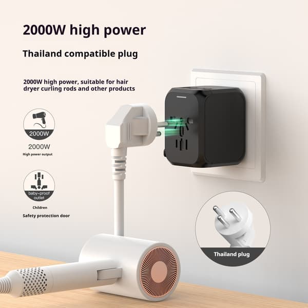 - Universal World Adapter - Leveres med CE-certificering - Universal til 150 lande / Essentiel rejseadapter - USB-C - 3 USB-A - Rejsestik Wo...