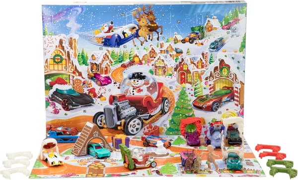 Hot Wheels legetøjsbiler og sæt, 2025 Julekalender, inkluderer 10 legetøjsbiler, 10 dekorative clips og 14 vintertema-tilbehør. (f2)