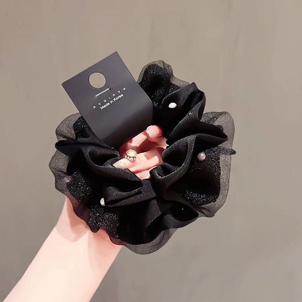 Ternet blonde-scrunchie — Elastisk hårelastik og modetilbehør*61# Sort mesh og perlesatin-splejsning, ca. 13 cm**61# 61#