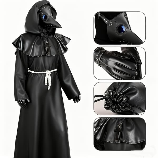 Pestlæge Kostume Med Maske Og Sort Kappe Middelalderlig Rollespil Fest Outfit Til Mænd Og Kvinder Black 8pcs
