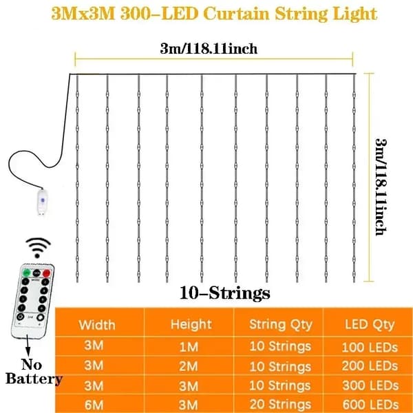 USB-gardinlys - 8 lysmoduser LED-lyslenke for jul, Halloween, nyttår, bryllup, fest, hjem og hageinnredning Warm Light 3x2M 200LEDs