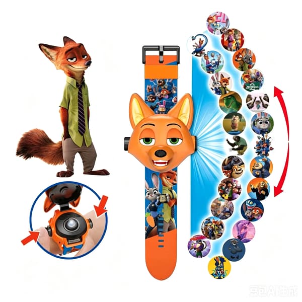 Zootropolis Digital Projektionsklocka för Barn, 24 Tecknade Mönster, Rolig Leksaksarmbandsur Nick Fox