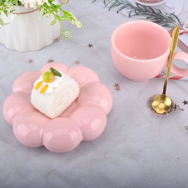Keramisk Kaffekopp, Moln Kaffekopp och Fat Set, Söt Kopp med Blomsked och Solrosunderlägg, Kawaii Tekopp med Fat Pink