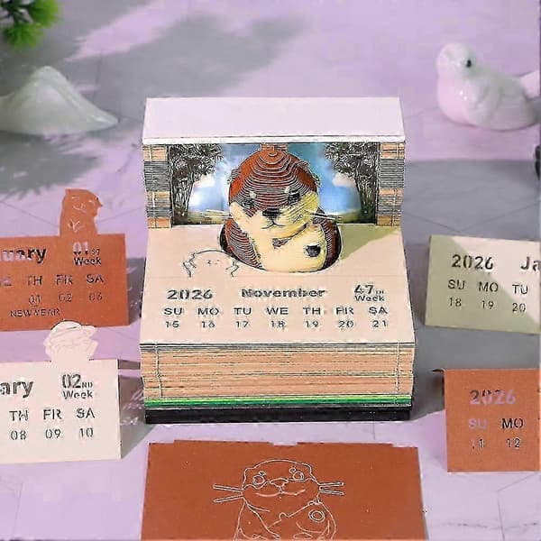 w 3D Kalender 2026, DIY Papirskjæring Kunst Skrivebordsdekorasjon Gave