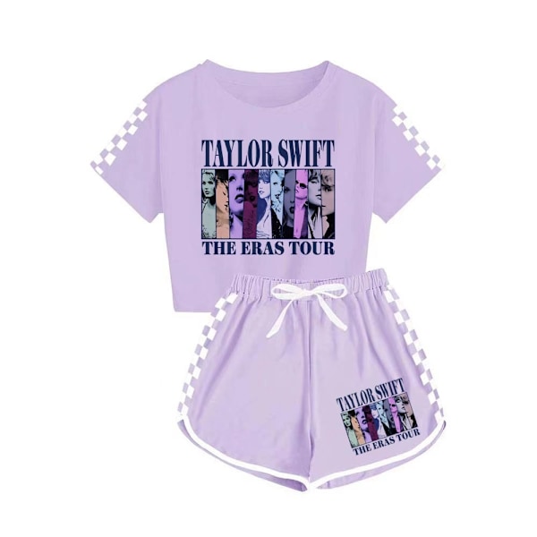 Taylor Swift Herre- og Dame T-shirt + Shorts Sports Pyjamas Sæt Lilla Lilla{F2} Purple 150cm