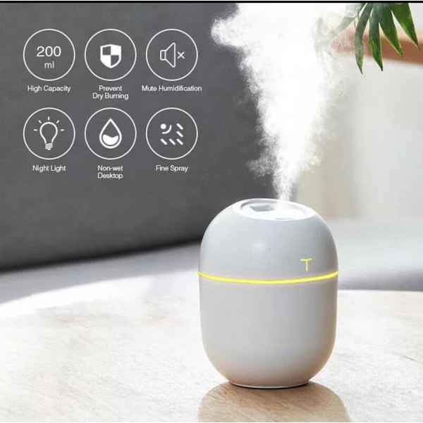 Bærbar Luftfukter 200ml 2 Spraymoduser Stilig Design Hvit For Hjemmekontor