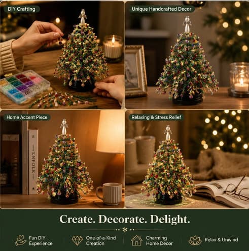 Mini bordplate DIY perlet juletre håndverkssett 圣诞树串珠串珠套装带灯 Snowy winter tree