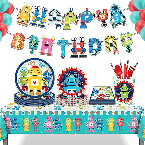 1 sett 130x220cm Robot-tema festduk Robot festduk tallerkener kopper Robot ballong gutt Robot bursdagsfest dekorasjon 8Pcs forks