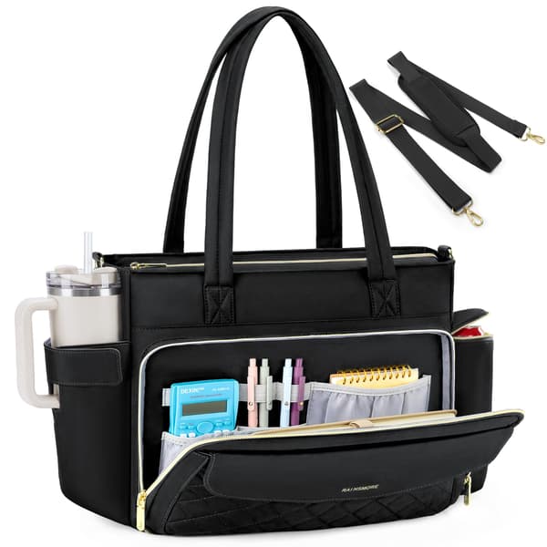 RAINSMORE Lærertaske til kvinder, 15.6\" Laptop Arbejdstaske, 40oz Krusholder{F2} Black