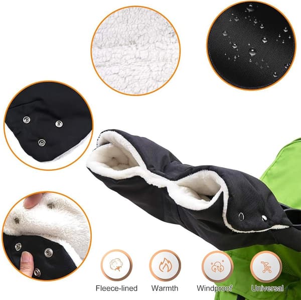 Vinterhandsker til klapvogn - Vandtæt vindtæt håndvarmer fleece - Universal pasform 46x23cm til barnevogn klapvogn - Sort
