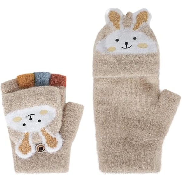 Konvertibla Fingerlösa Vantar för Barn Katt Kanin Stickade Flik Vantar Halvfinger Stretchiga Vantar för Flickor Pojkar 6-12 År{f2}