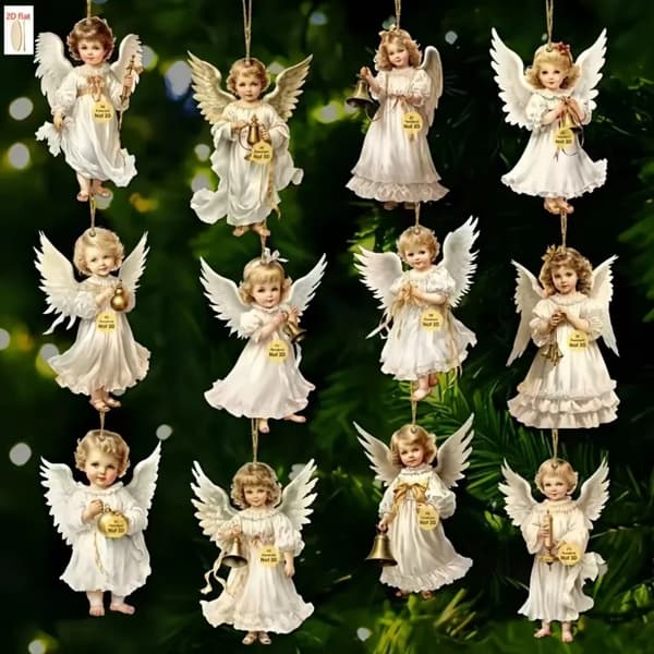 Sæt med juleenglevedhæng i træ - Dekorative ornamenter til juletræ og vinduesudstilling 12PCS