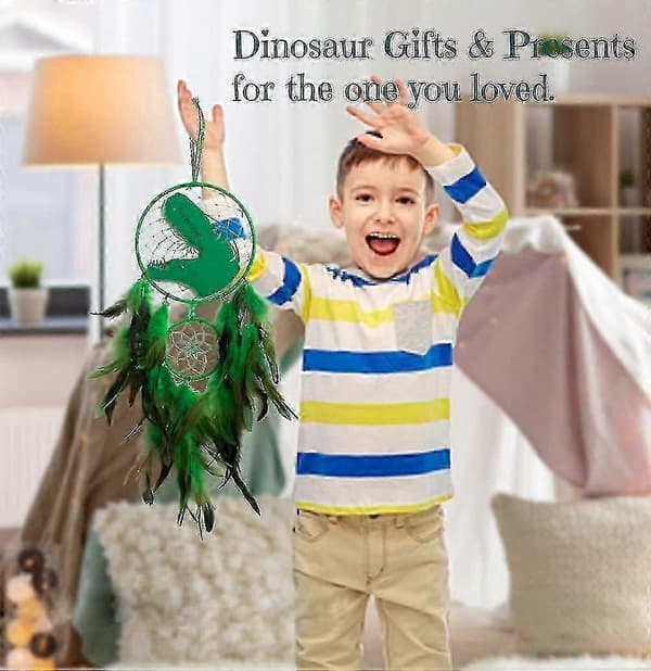 Fjærkledd Dinosaur Veggdekor for Barn, Drømmefangerlys for Gutter og Jenter, Unik Soverom Hengende Pynt Green With light