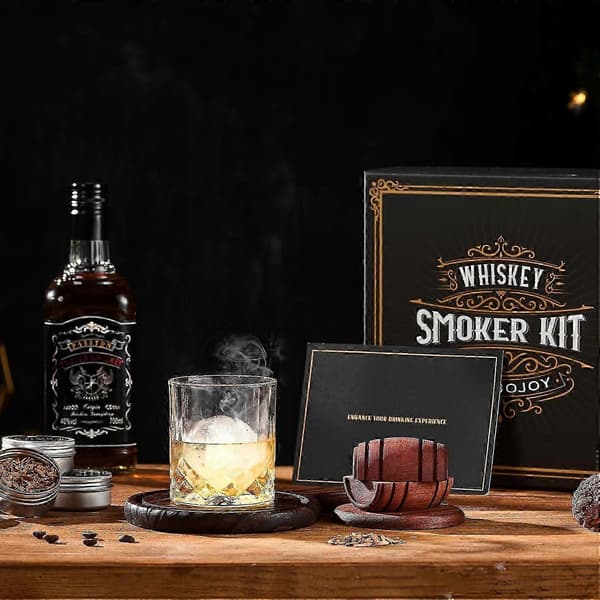 Whiskey Smoker Kit med Brænder - 6 Smagsvarianter Træflis, 2 Glas, 2 Iskubeforme Natural