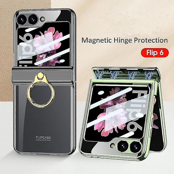 Etui til Samsung Galaxy Z Flip 6 med Ringholder, Magnetisk Hengselbeskyttelse, Transparent Platering, PC, Allsidig Deksel Black