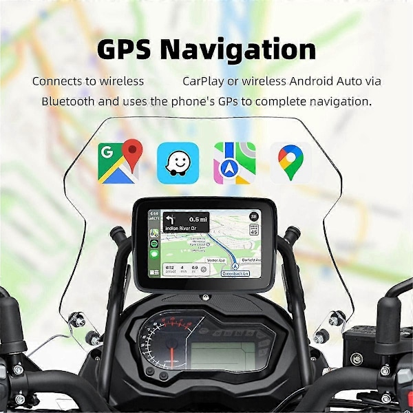 5 Tommer Motorcykel Trådløs Carplay Android Auto Bærbar Navigation GPS Skærm Vandtæt Display - WELLNGS