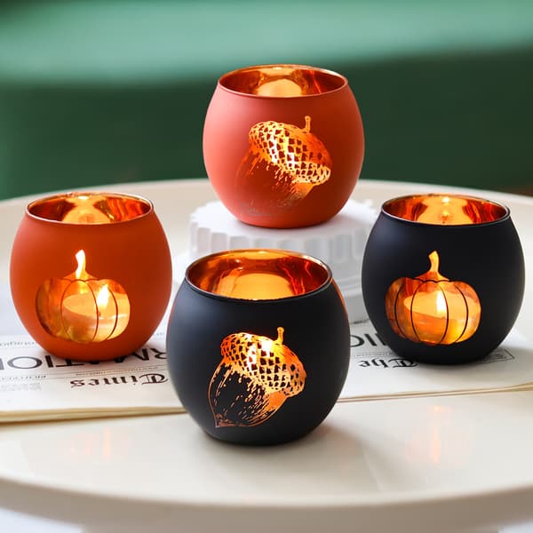 Fire efterår lysestager orange sort græskar grankogle glas fyrfadsstager rustik Thanksgiving hjemmekontor borddekoration Pinecone and Pumkin