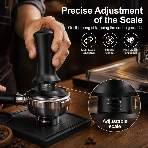 Tamper 51/53/58mm, Trykregulerende Kaffetamper, Espressotamper i Rustfrit Stål med Fjeder og Rillet Base 58MM