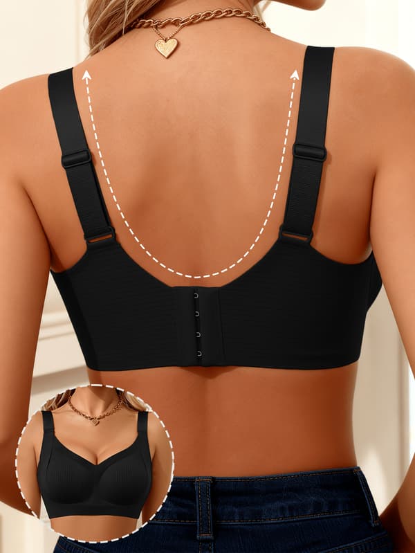 Dame BH med brede stropper, push-up, komfortabel, uten bøyle, uformell, ensfarget, pustende Black S