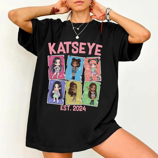 Katseye jentegruppe trykt T-skjorte, trendy kortermet sommertopp for menn og kvinner, oversized passform 8 M
