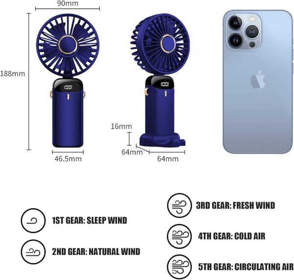 Jsdoin Håndholdt Blæser - USB Genopladelig, 5 Hastigheder, Foldbar, LED-Skærm DarkBlue