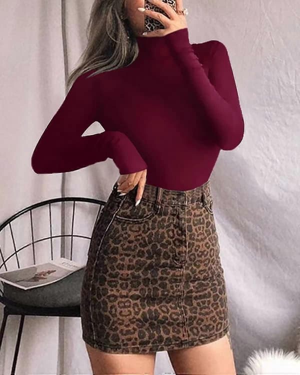 Långärmad Mock Neck Bodysuit för Kvinnor Jumpsuit Topp Long Sleeve Burgundy Medium