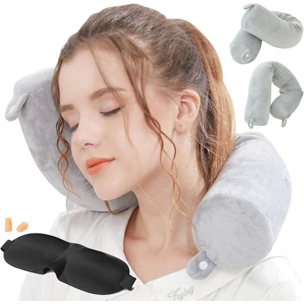 Justerbar Nackkudde för Resor med Memory Foam, Ögonmask och Öronproppar Grå