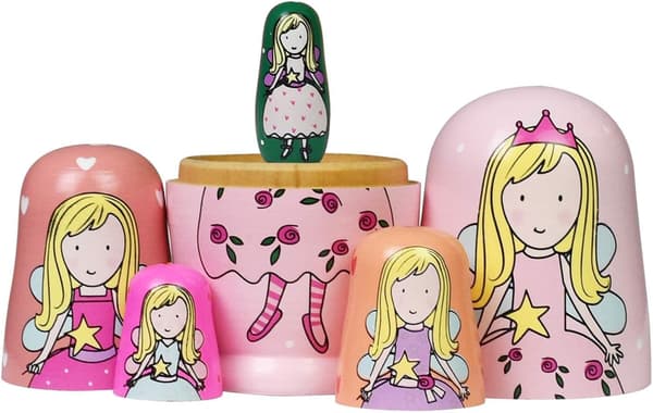 Ryska Nesting Dockor - Rosa Ängel Flickor Trä Matryoshka Dockor för Barn Handgjorda Söta Tecknade Nesting Docka Leksak Staplingsdocka Set med 5(f2)