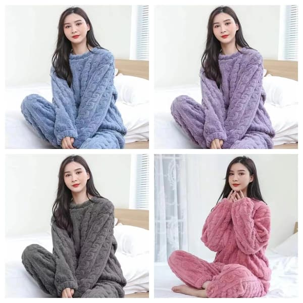Dam Vinter Fleece Pyjamas Set Twist Texturerad Fluffig Korall Sammet Långärmade Toppar Byxor Varm Loungewear 2PCS Nattkläder Two-piece set One Size