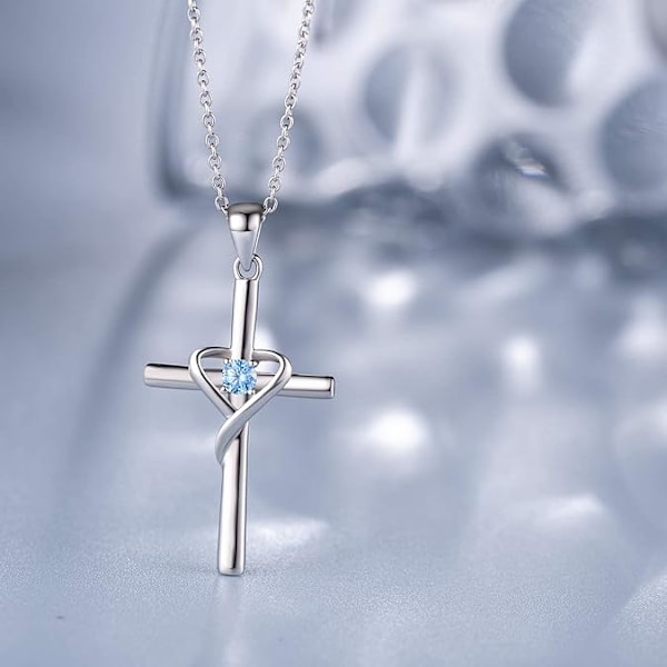 Joulukuun syntymäkivinen ristikaulakoru - 925 hopeaa 5A CZ sinisellä topaasilla ja 14K kullalla/ruusukullalla - Jäänsininen unisex-joulukoru