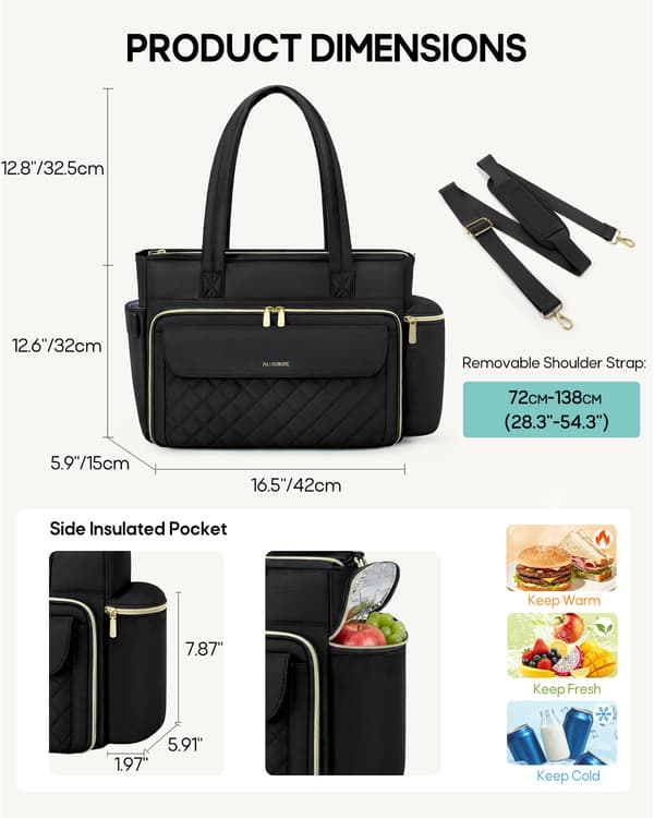RAINSMORE Lærertaske til kvinder, 15.6\" Laptop Arbejdstaske, 40oz Krusholder{F2} Black