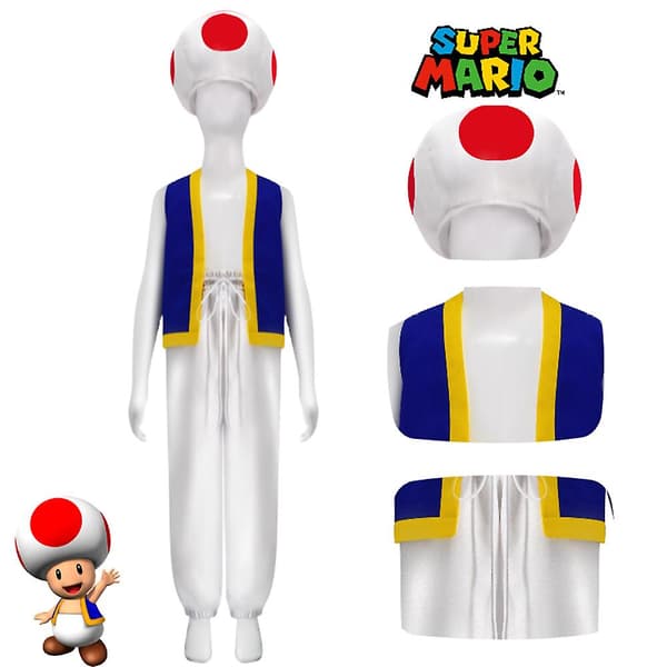 Aikuisten Super Mario Bros 2 Toad Cosplay Juhlapuku Topit+housut+hattu Asusetti Lahja{EE} 2XL