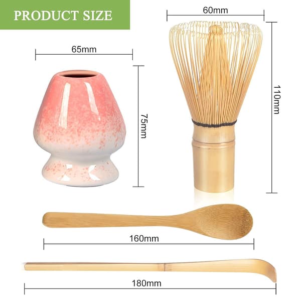 Matcha set - Matcha visp - Set om 4 - Matcha skål i bambu - 11cm - Traditionell sked (te) - tesked - omrörningsställ - perfekt matcha set i bambu -...