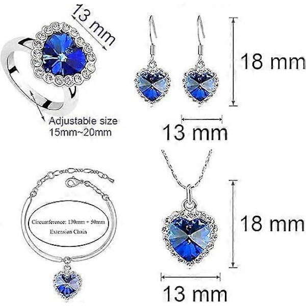 Titanic Havets Hjerte Halskæde Øreringe Armbånd og Ringe Smykkesæt, Sølv Blå Safir Krystal Halskæde Vedhæng Bryllup Prom Smykker