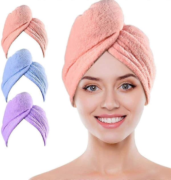 3-pack mikrofiber turbanhårhanddukar: Absorberande, knappfästa – Passar alla