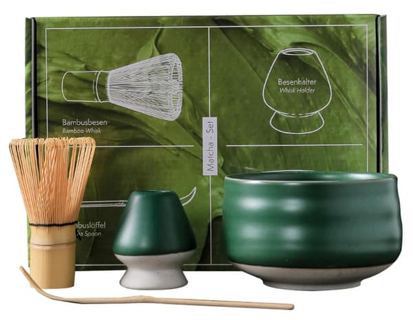 Matcha set - 4 delar Matcha Starter Kit - Matcha te set - Te ceremoni Set - Det perfekta matcha setet - Matt grön