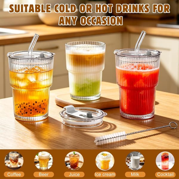 2 delar 400 ml räfflade glasburkar med lock och sugrör, iskaffeglas, smoothieglas, lufttät och vattentät design
