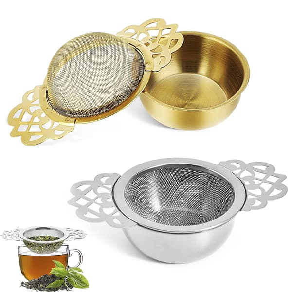 Set med 2 tesilar för löst te, finmaskig sil med kopp, guld och silver