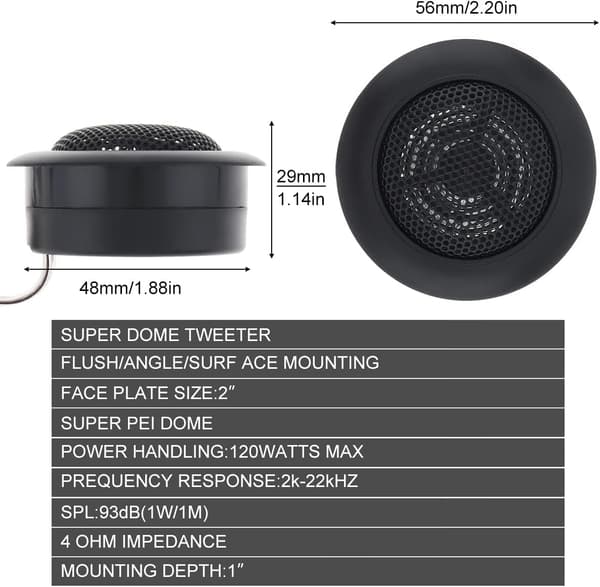 Kompatibel med 2 st 12V bil-diskanthögtalare - Mini dome-diskanthögtalare med hög effektivitet, 12V högtalare för ljud och ljud för bilar