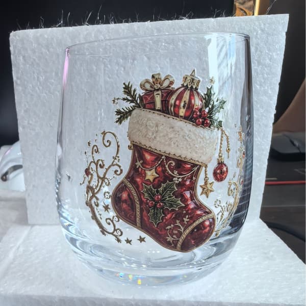 Juleglasskunstkopp 300ml, Festlig drikkeglass, Julegaveglass Christmas stocking
