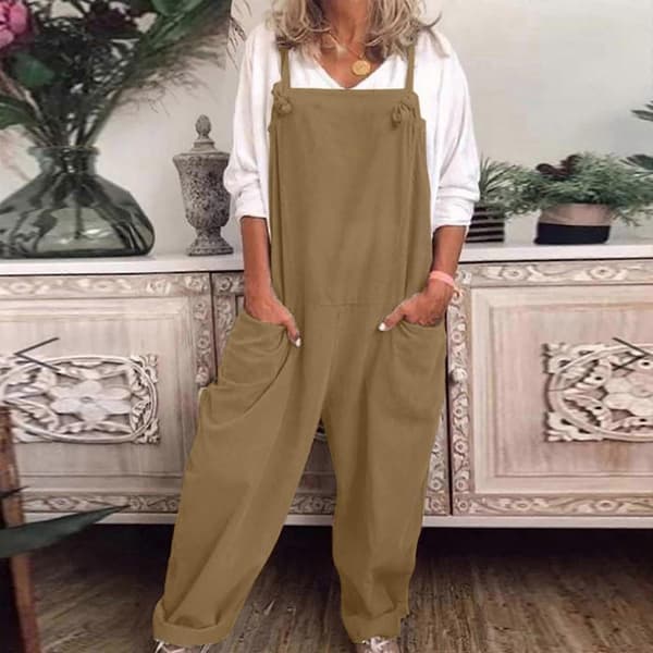 Afslappede løse overalls til kvinder, jumpsuit i bomuld og hør Khaki L