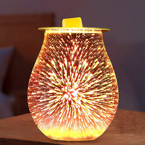 Fyrverkeri aromlampa, 3d elektrisk glas parfymlampa fyrverkerieffekt nattljusbrännare eterisk oljebrännare gjutjärnsvaxcylinder