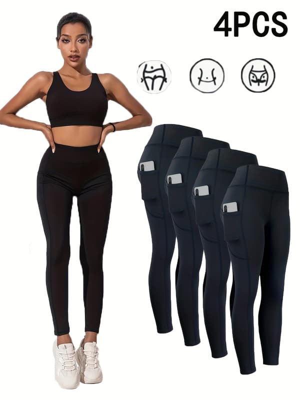 4-pack leggings med M-formad söm, rumplyftande kompressionstights med sidoficka för telefon, smal passform M Svart