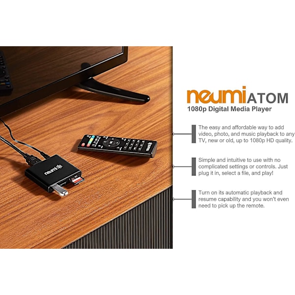 Neumi Atom 1080p Full-HD Digital Media Afspiller til USB-enheder og SD-kort - Med HDMI og Analog AV, Auto Afspilning og Loop