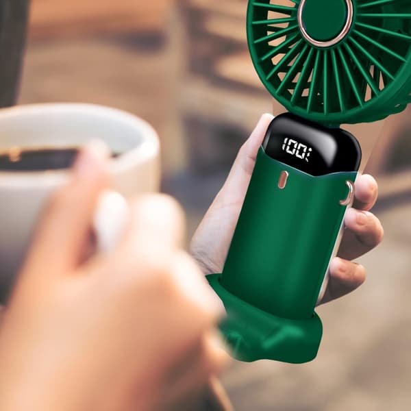 Jsdoin Handhållen Fläkt - USB Laddningsbar, 5 Hastigheter, Vikbar, LED-Display green